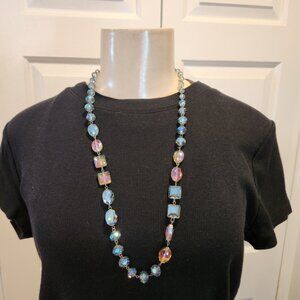 Iridescent multi color crystal bead necklace with silver accents